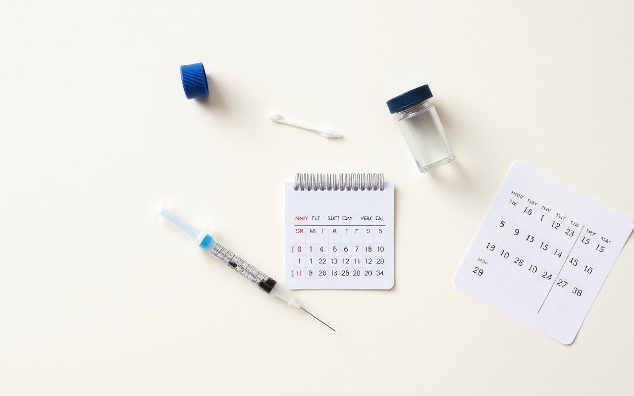 Weekly LumiMeds GLP1 injection kit: syringe, alcohol swab, vial and a dosing calendar