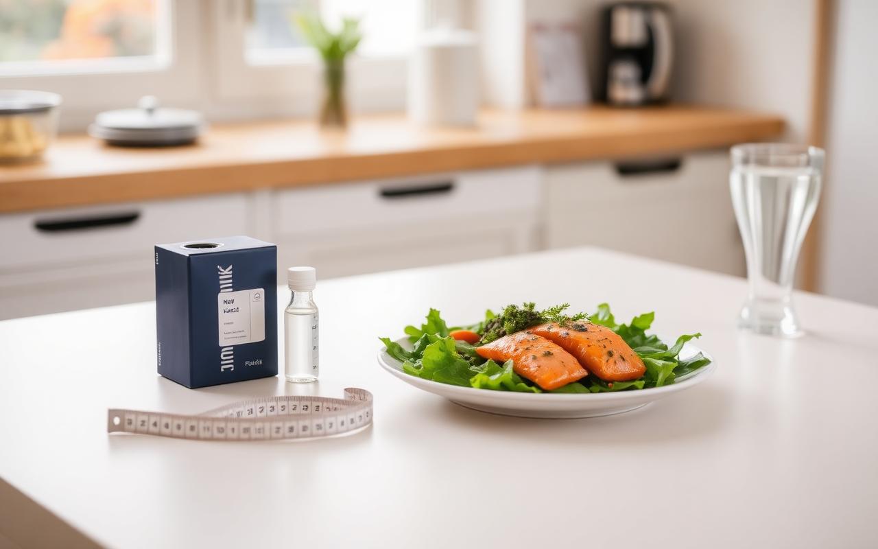 Kitchen table with a protein-forward meal, water and a LumiMeds GLP1 medication box